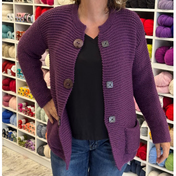 Giacca legaccio basic merino viola tasche bottoni lavorata a mano